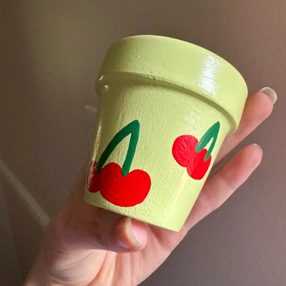 Hand-Painted 2” Cherry Design Terracotta Pot